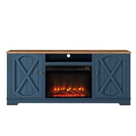 navy tv stand with fireplace.